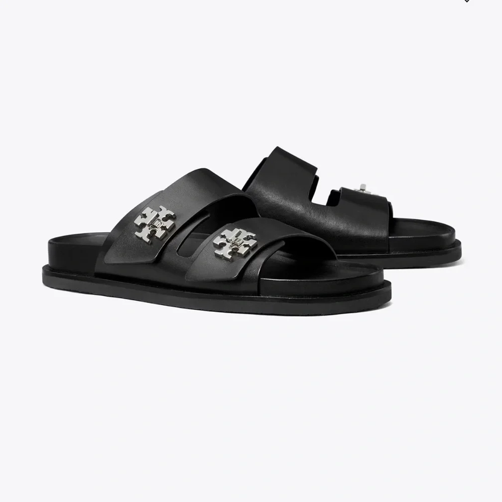 Tory Burch Black Turnlock Sport Slides with Silver Accents